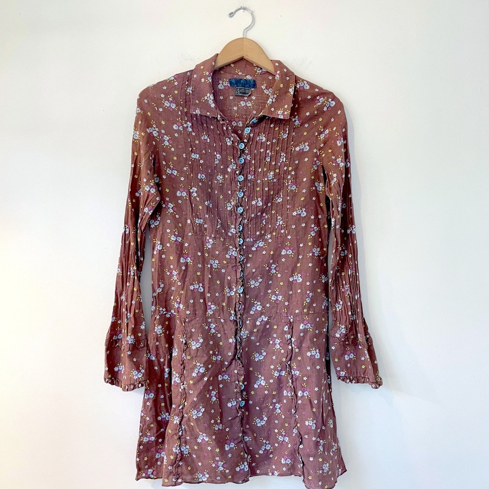 Free People Brown Floral Button Front Mini Dress Sz 10 Ruffle Cottagecore Prarie